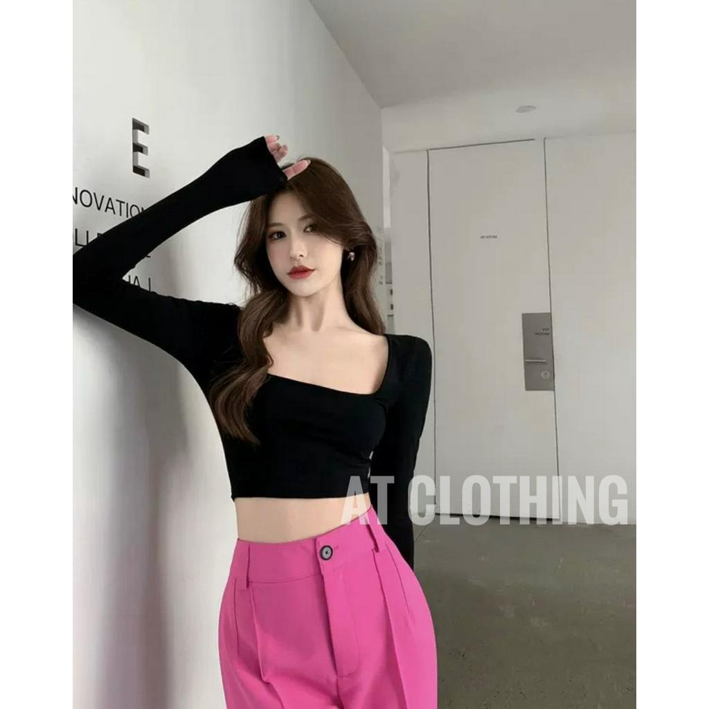 Áo Thun Cổ Vuông Tay Dài Croptop Bảng Màu Đẹp_AT Clothing