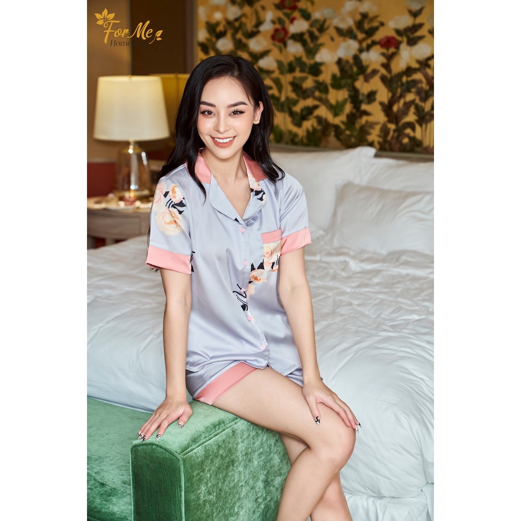 Bộ đồ ngủ, mặc nhà chất Lụa Giấy Luxury QUẦN ĐÙI HOA HỒNG TÍM 09 ,forme pijama