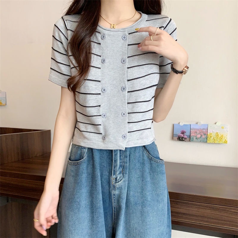 Áo Cardigan Ngắn Tay Dáng Rộng Họa Tiết Kẻ Sọc Thời Trang Mùa Hè