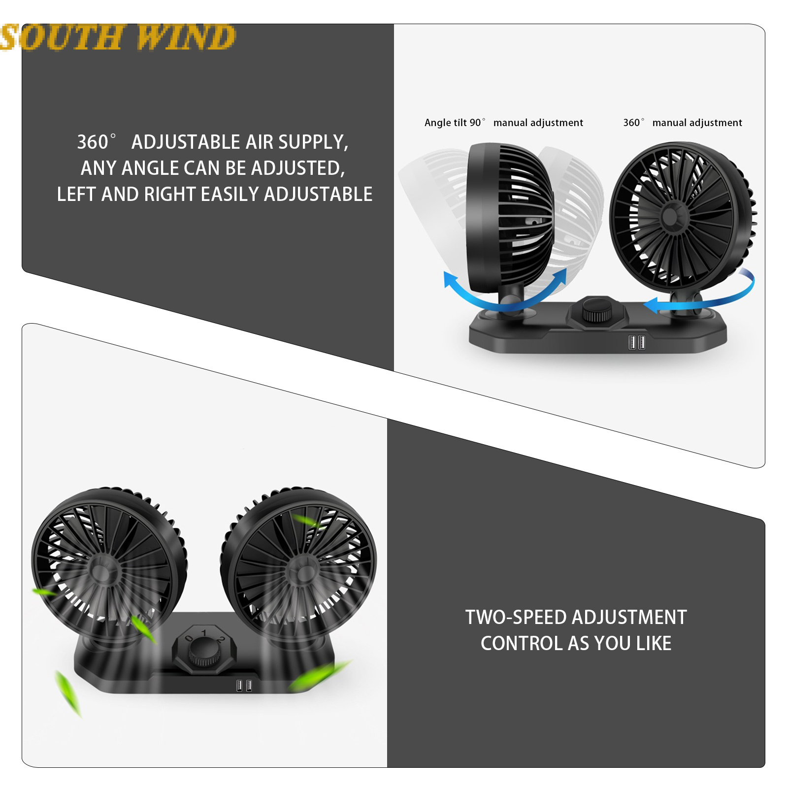 【SOUTH WIND】12V/24V Dual Head Car Fan Cooler 360 Degrees Adjustable Durable Cooler Fan Auto Air Conditioning Car Cooling Swing Fan