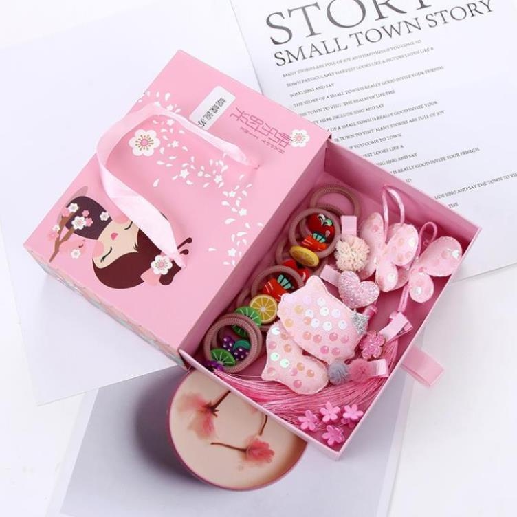 Kẹp tóc cho bé💓Giá Sỉ💓Set 26 món cột tóc có kẹp cho bé với bộ hộp và túi quai xách xin xắn với nhiều hình thù 8707