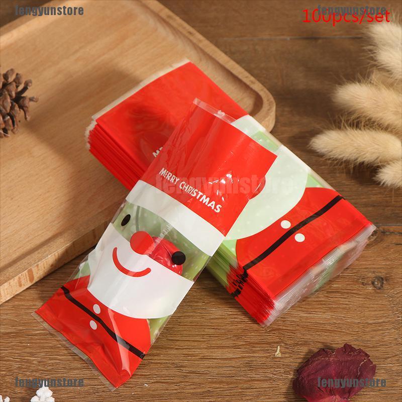 (fengstore)100pcs/bag Christmas Cookie Bag Transparent Candy Packaging Santa Claus Guard