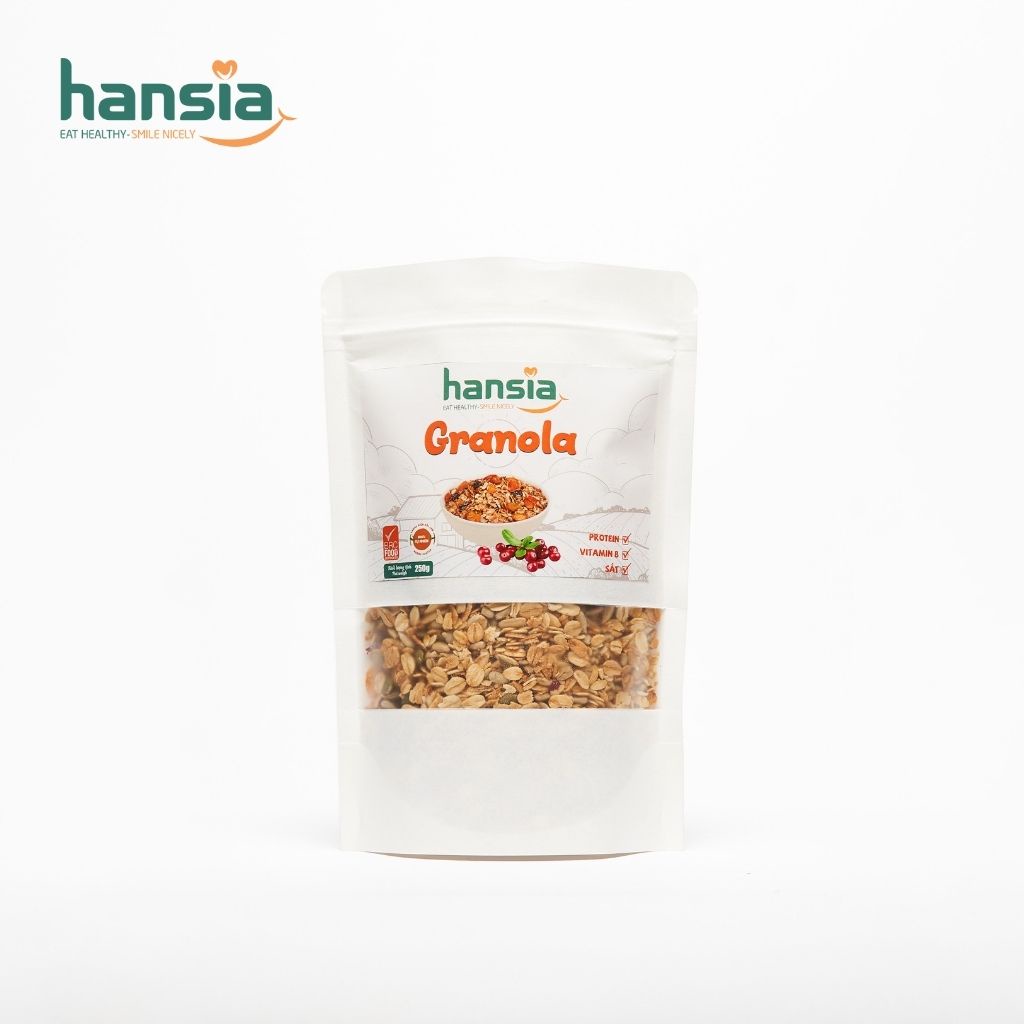 Ngũ Cốc Ăn Sáng Granola Organic HANSIA Gồm Nhiều Loại Hạt, Yến Mạch, Trái Cây Khô Giàu Năng Lượng Tiện Lợi Túi 250g-500g