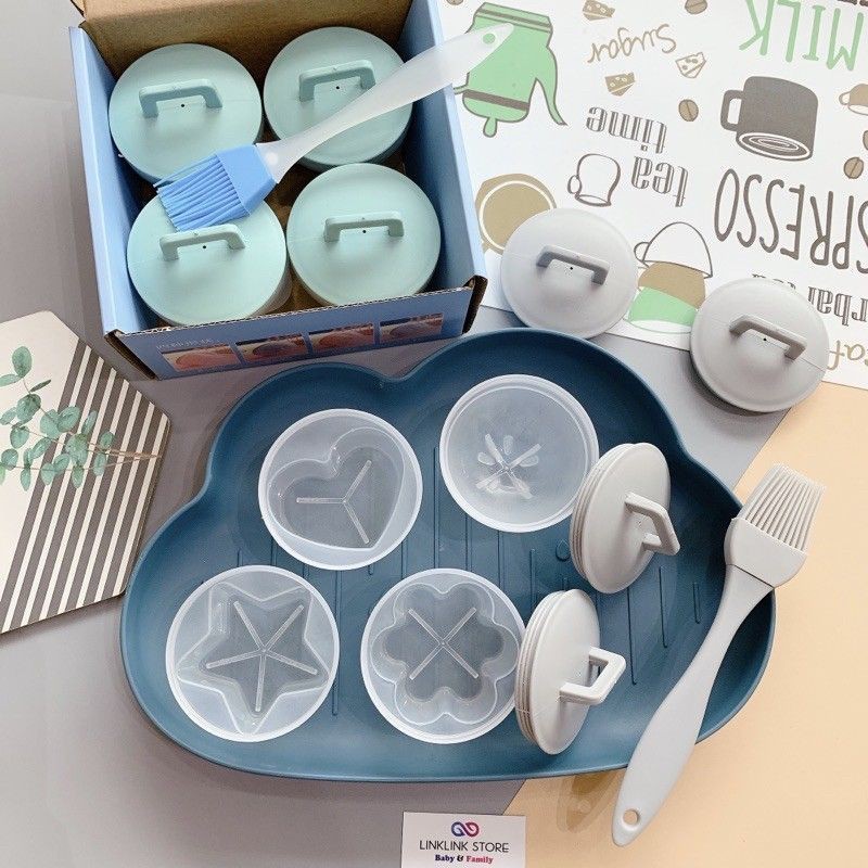 Khuôn hấp trứng, làm bánh cho bé (Bộ 4 khuôn kèm chổi quét)