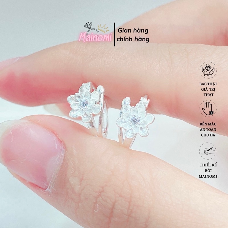 Bông tai hoa sen bạc ta, nhỏ nhắn xinh xắn Hàng gia công kỹ tinh xảo sắc nét, khoá bấm bật xịn xò Mainomi Shop Bạc Xinh