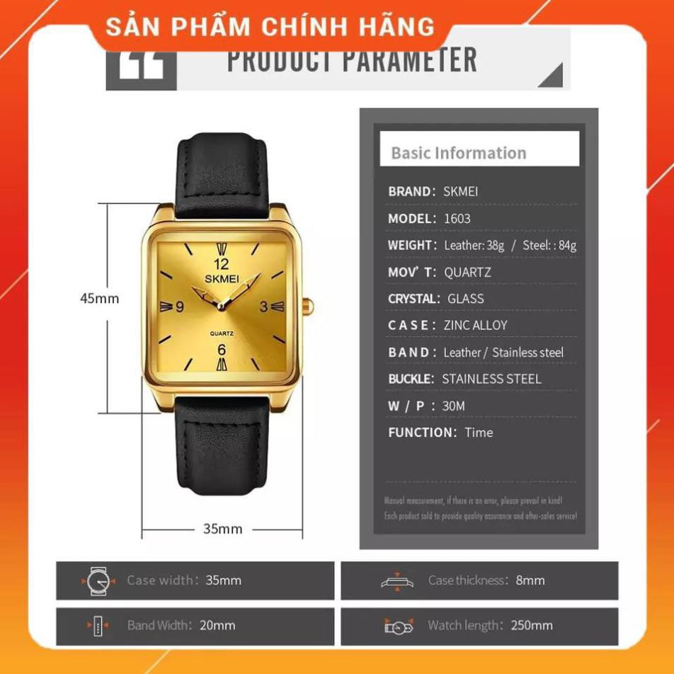 Hàng Cao Cấp -  Đồng hồ- NAM- Skmei mặt vuông 1603 viền vàng đen-Nhật bản  - lỗi 1 đổi 1 | BigBuy360 - bigbuy360.vn