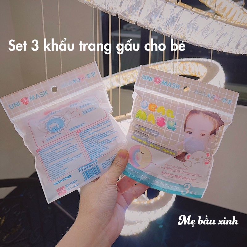 Set 3 Khẩu trang hình gấu 3D cho bé từ 0-3 tuổi thương hiệu Unimask cao cấp xuất Nhật, dây có nút điều chỉnh