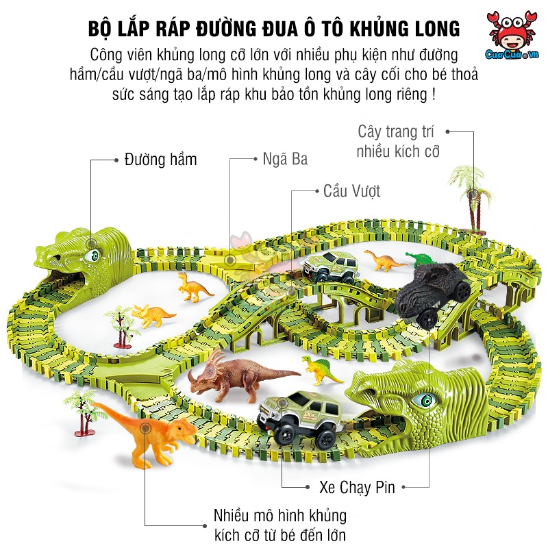 Bộ lắp ráp đường đua ô tô khủng long, đường hầm, đồ chơi lắp ghép đường ray khủng long cỡ lớn cho bé