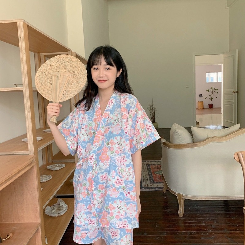Set đồ ngủ dáng rộng kiểu kimono Nhật Hàn thời trang mùa hè cho nữ