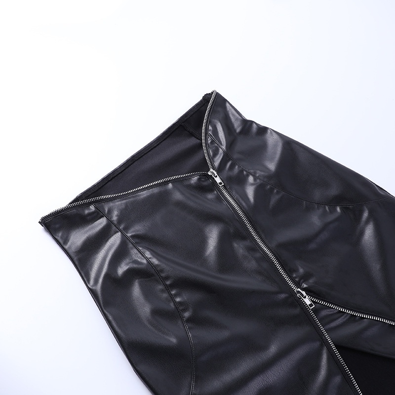 DUNEA Chân Váy Da Pu Lưng Cao Phối Khóa Kéo Lệch Cá Tính Cho Nữ