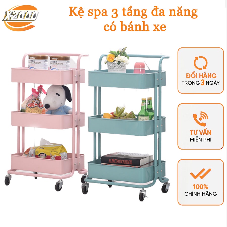 Kệ để đồ đa năng 3 tầng có bánh xe, giá kệ spa bằng sắt sơn tĩnh điện bền đẹp