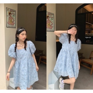 Váy hoa nhí xòe babydoll cổ vuông tay phồng Quảng Châu