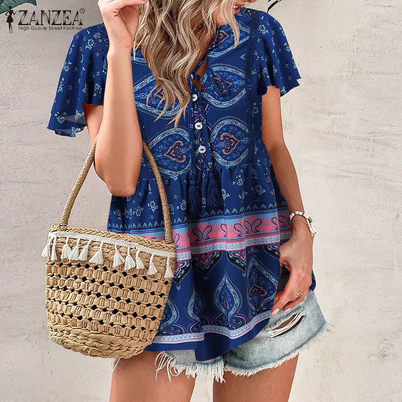 Áo kiểu ZANZEA tay ngắn thắt dây phong cách bohemian xinh xắn dành cho nữ