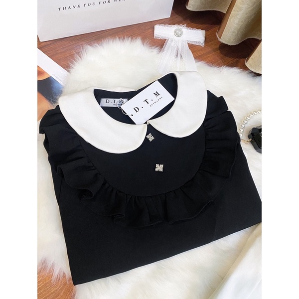 Black Babydoll Top - Áo babydoll cổ sen nhún bèo tay bồng đính đá - Hàng thiết kế DTM 🎓🎓🎓 | BigBuy360 - bigbuy360.vn