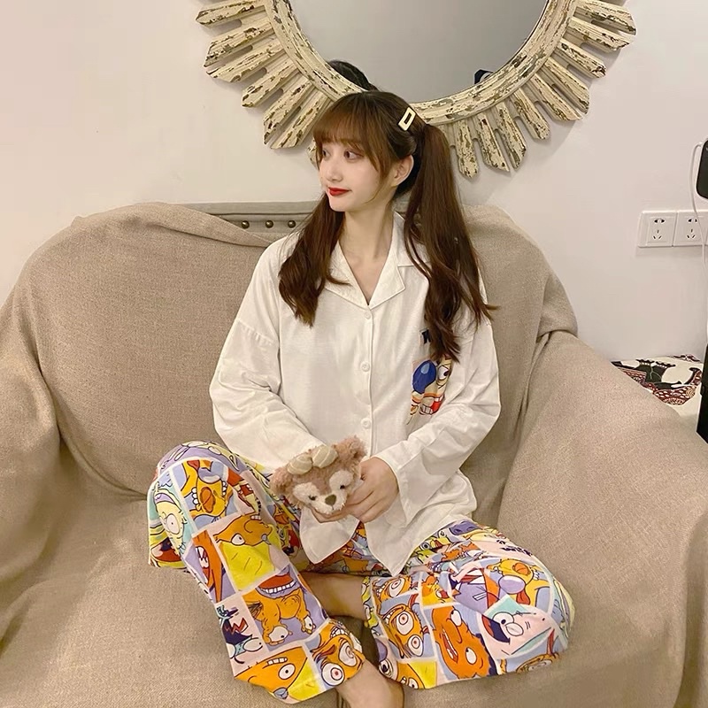 Bộ đồ ngủ phong cách Hàn Quốc áo trắng, quần hoạ tiết dễ thương | BigBuy360 - bigbuy360.vn