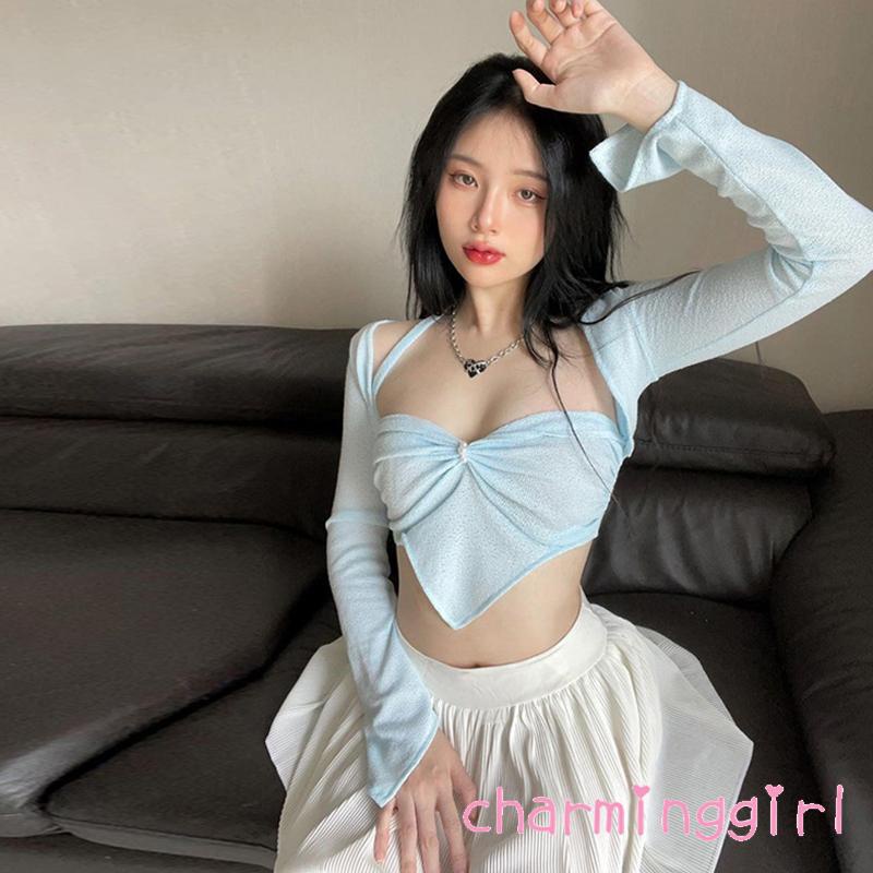 Áo Croptop Sát Nách Màu Sắc Trơn Trang Trí Ngọc Trai Giả Cổ Khoét Sâu Quyến Rũ Cho Nữ
