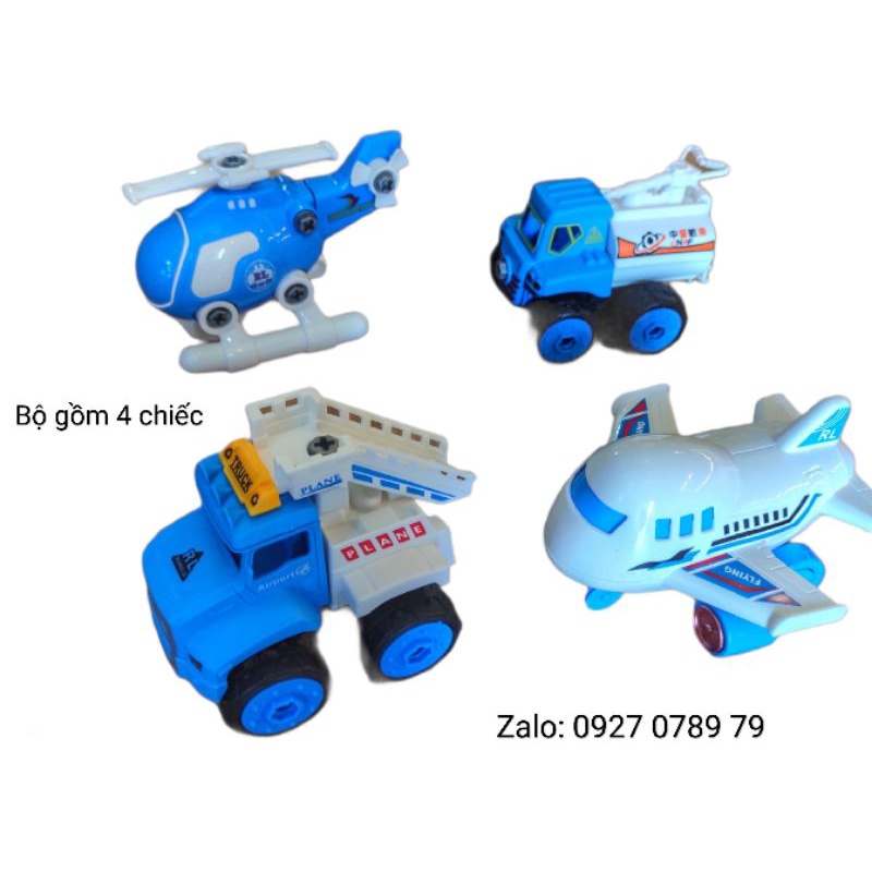 Bộ trò chơi tháo lắp, gồm 2 chiếc máy bay và 2 chiếc xe, có thể dùng bộ dụng cụ tháo rời ra được.