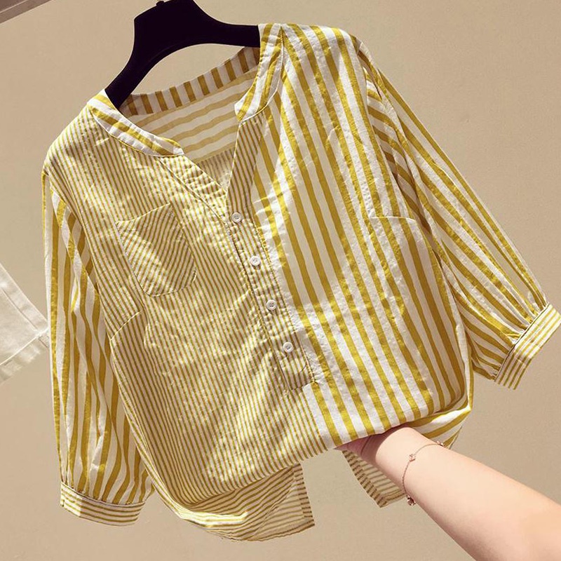 Áo Sơ Mi Dáng Rộng Kẻ Sọc Dọc Ba Bánh Kiểu Phương Tây Thịnh Hành Cho Nữ