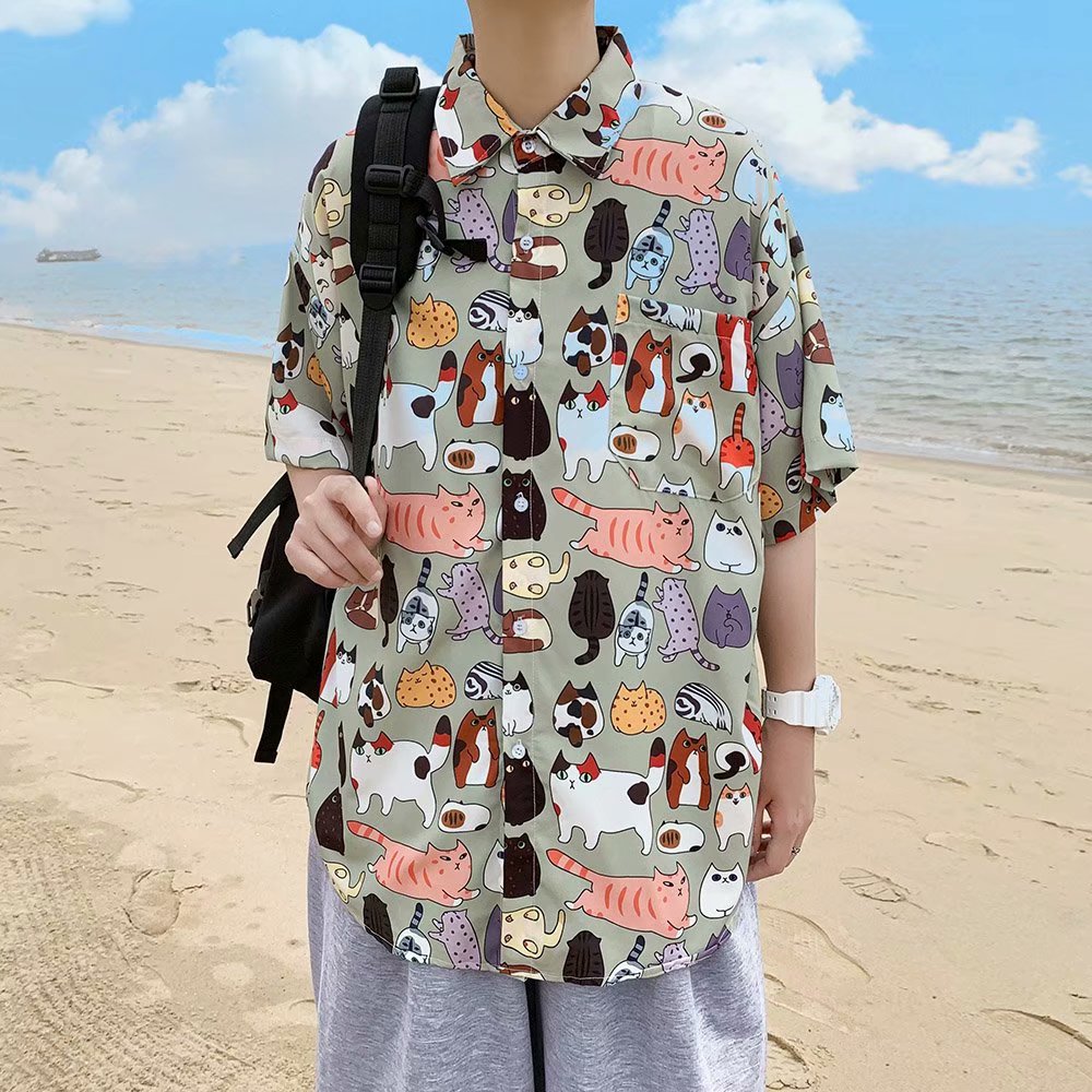 Áo Sơ Mi Ngắn Tay In Hình Mèo Ngộ Nghĩnh Thời Trang Nam