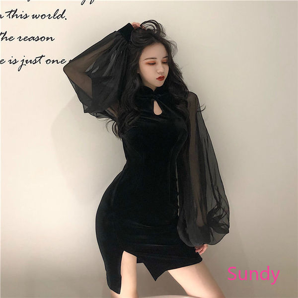 Đầm nhung sườn xám tay dài thời trang cho nữ