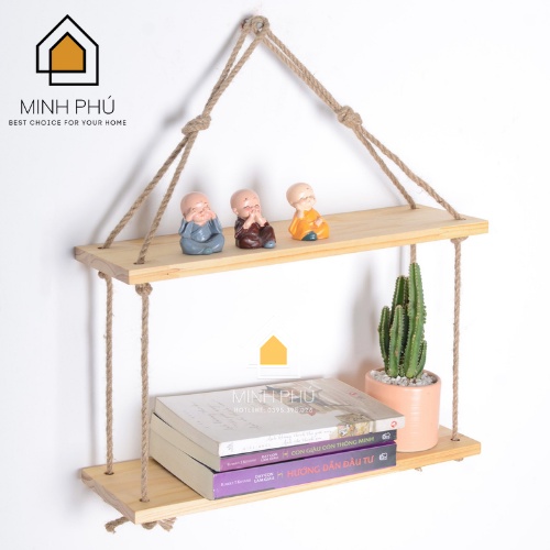 Kệ Gỗ Treo Tường,Kệ Trang Trí 2 Thanh Bằng Gỗ Tự Nhiên Kèm Dây Treo Xinh Xắn