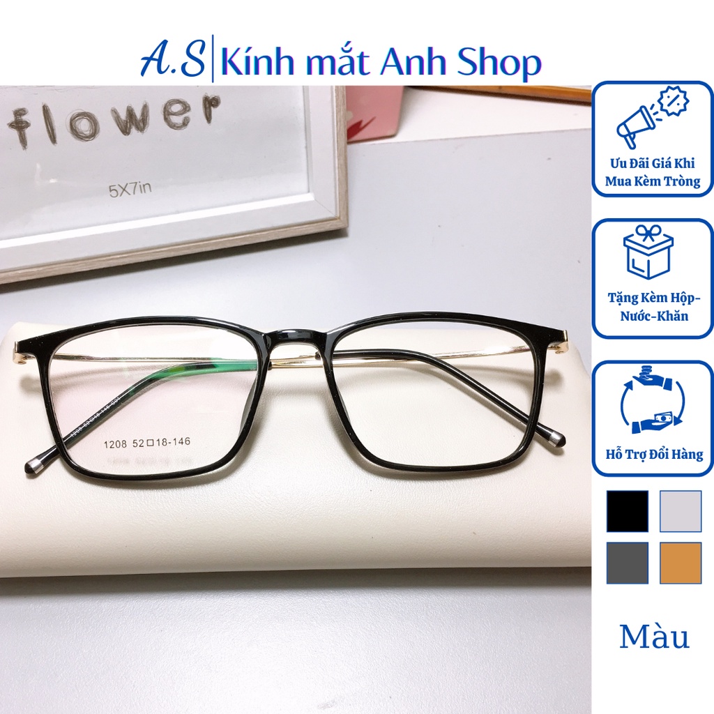 KÍnh vuông thời trang nam nữ chất liệu nhựa dẻo càng kính kim loại bền chắc nhận cắt mắt cận viễn loạn 1208