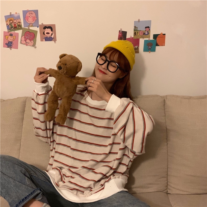 Korean unisex casual striped sweater round neck pullover ulzzang loose（3 colors） | BigBuy360 - bigbuy360.vn