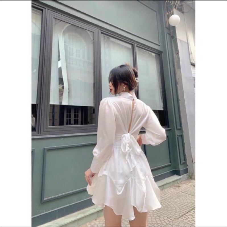 Set áo kiểu cách điệu tay dài hở lưng lụa satin phi bóng kèm chân váy ngắn xoè tầng trơn - Order taobao quảng châu