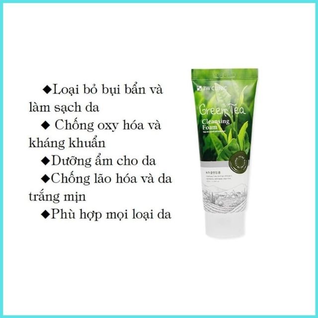 Sữa Rửa Mặt 3W Clinic Trà Xanh, Gạo, Collagen, Hoa Hồng, Than Hoạt Tính Cho Da Nhờn Dầu, Khô , Hỗn Hợp, Mụn Trứng Cá