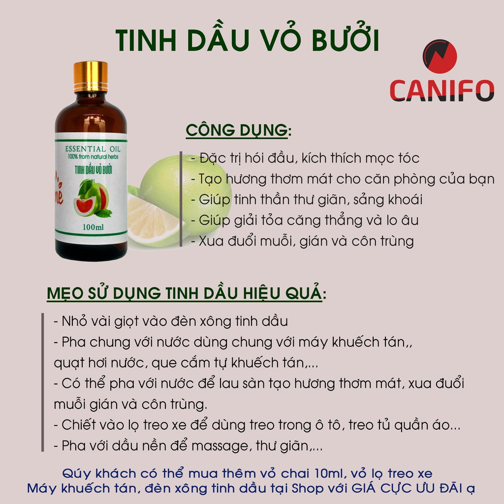 [100ML] Tinh Dầu Thiên Nhiên CANIFO - Hàng Chính Hãng, Sả chanh, Hoa hồng, Quế, Hoa Nhài, Cafe, Xả chanh, Bạc hà, Bưởi