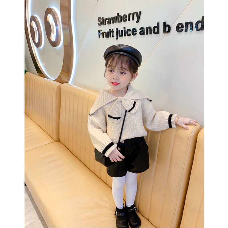 Áo dệt kim cổ bẻ màu tương phản phong cách phương tây thời trang thu đông 2021 cho bé gái