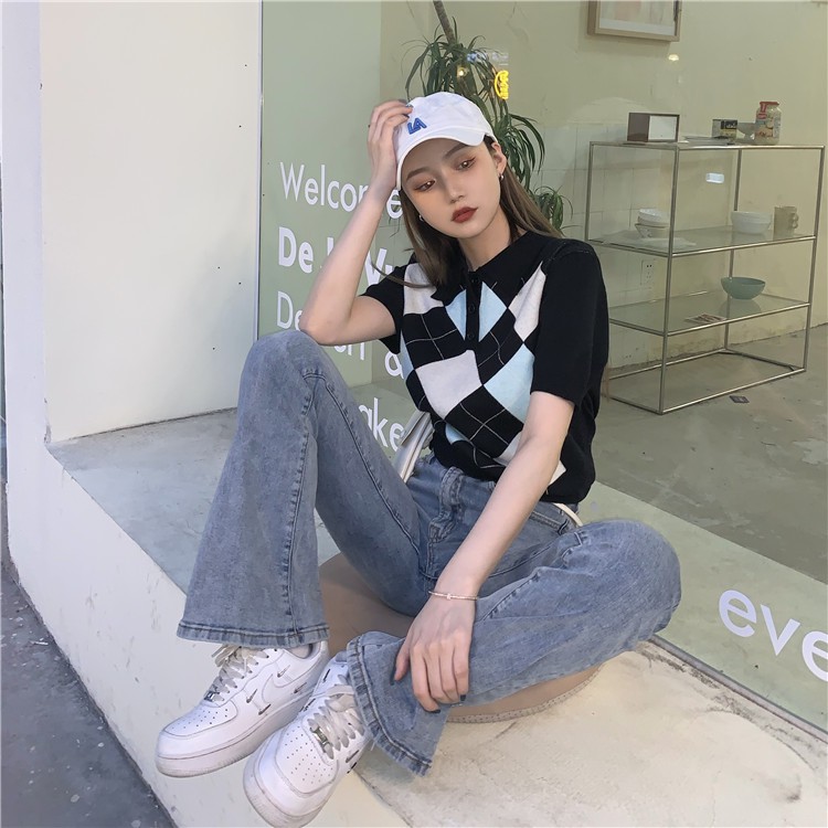 Áo kiểu dệt kim tay ngắn cổ polo họa tiết sọc ca rô phong cách Hàn Quốc thời trang dành cho nữ