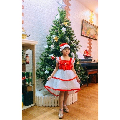 (Tặng kèm bờm) Váy Noel 2 tầng xoè kiểu Cánh tiên hoàng cung hoá trang Noel cho bé gái