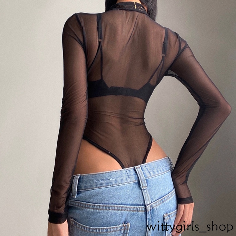 Bộ Áo Liền Quần Mỏng Tay Dài Màu Trơn Cổ Bẻ Xuyên Thấu Phối Khóa Kéo Nửa Thời Trang Cho Nữ