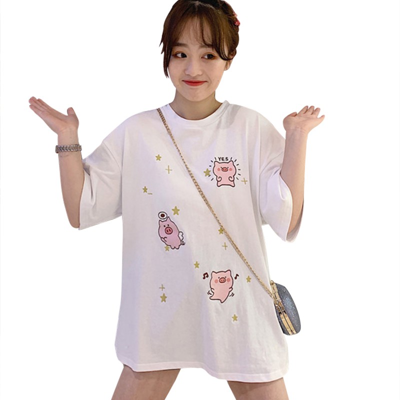 Áo thun tay ngắn cổ tròn hoạ tiết hình chú heo đáng yêu