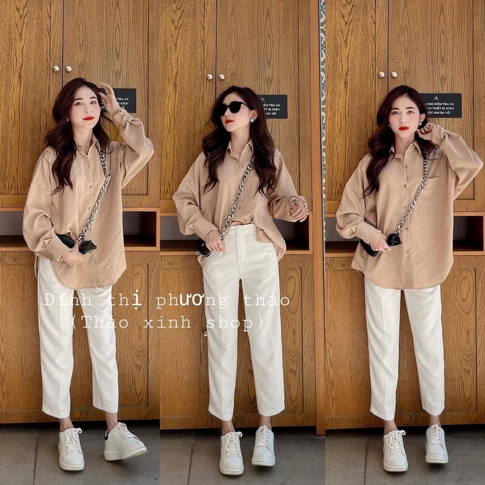 Set Áo Sơ Mi Dài Tay + Quần Culottes Ống Suông 🎁 Nana's House - FREESHIP 🎁 Bộ quần suông màu trắng basic và áo sơ mi | BigBuy360 - bigbuy360.vn