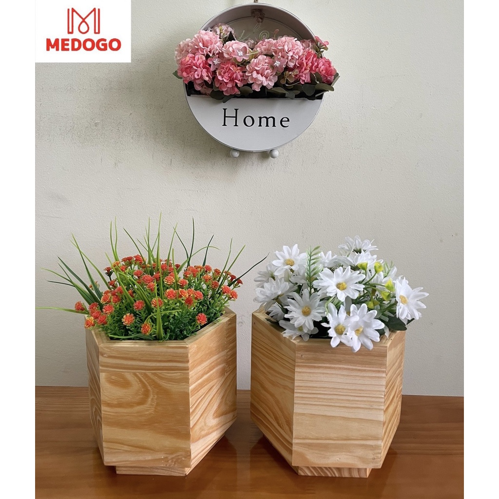 Chậu gỗ lục giác cắm hoa để bàn MEDOGO, gỗ thông nhập khẩu chịu nước, chậu gỗ trang trí