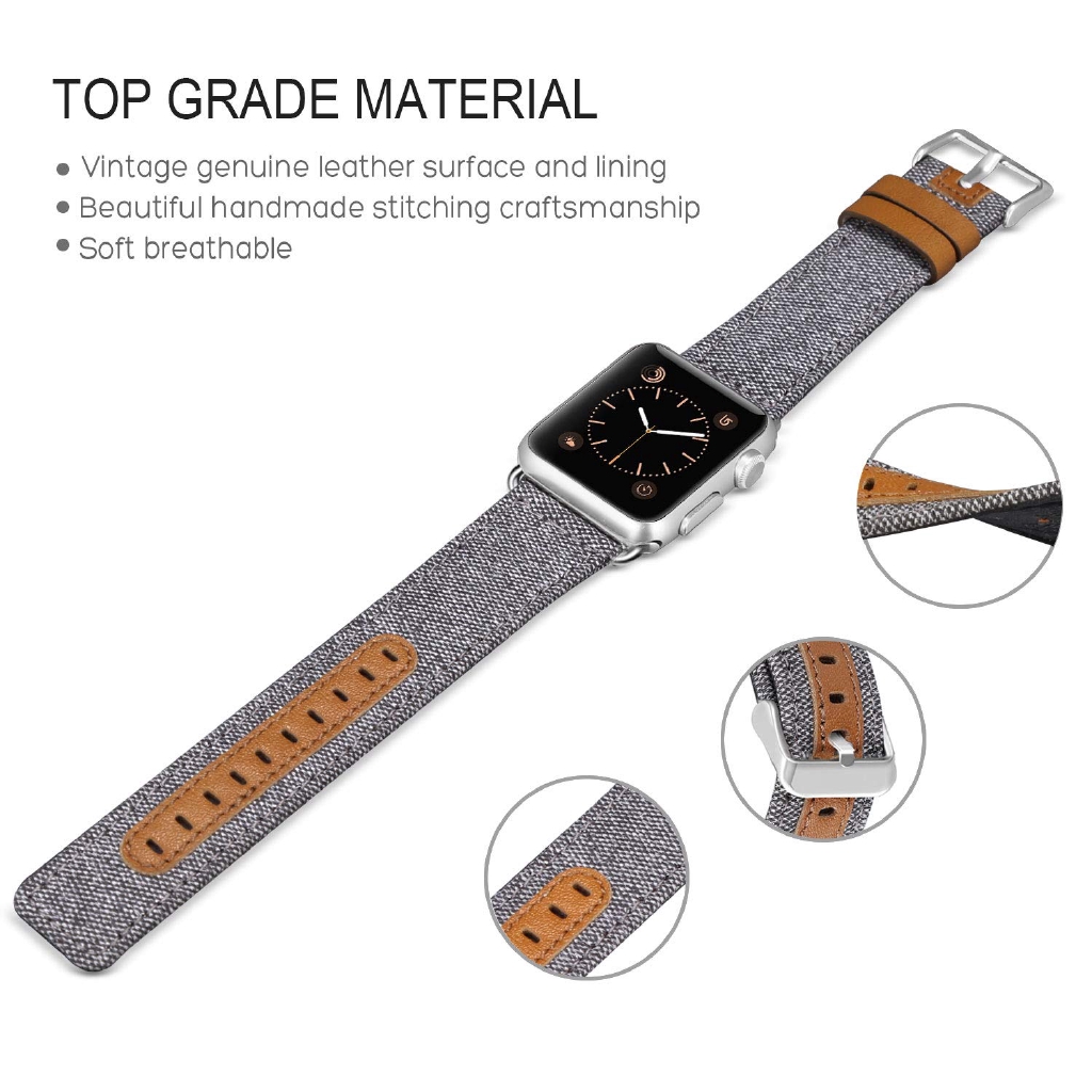 Canvas Fabric Straps Genuine Leather for iwatch Apple Watch Series 1 2 3 4 5 6 SE 7 8 38mm 42mm 40mm 44mm 41mm 45mm ultra 49mm