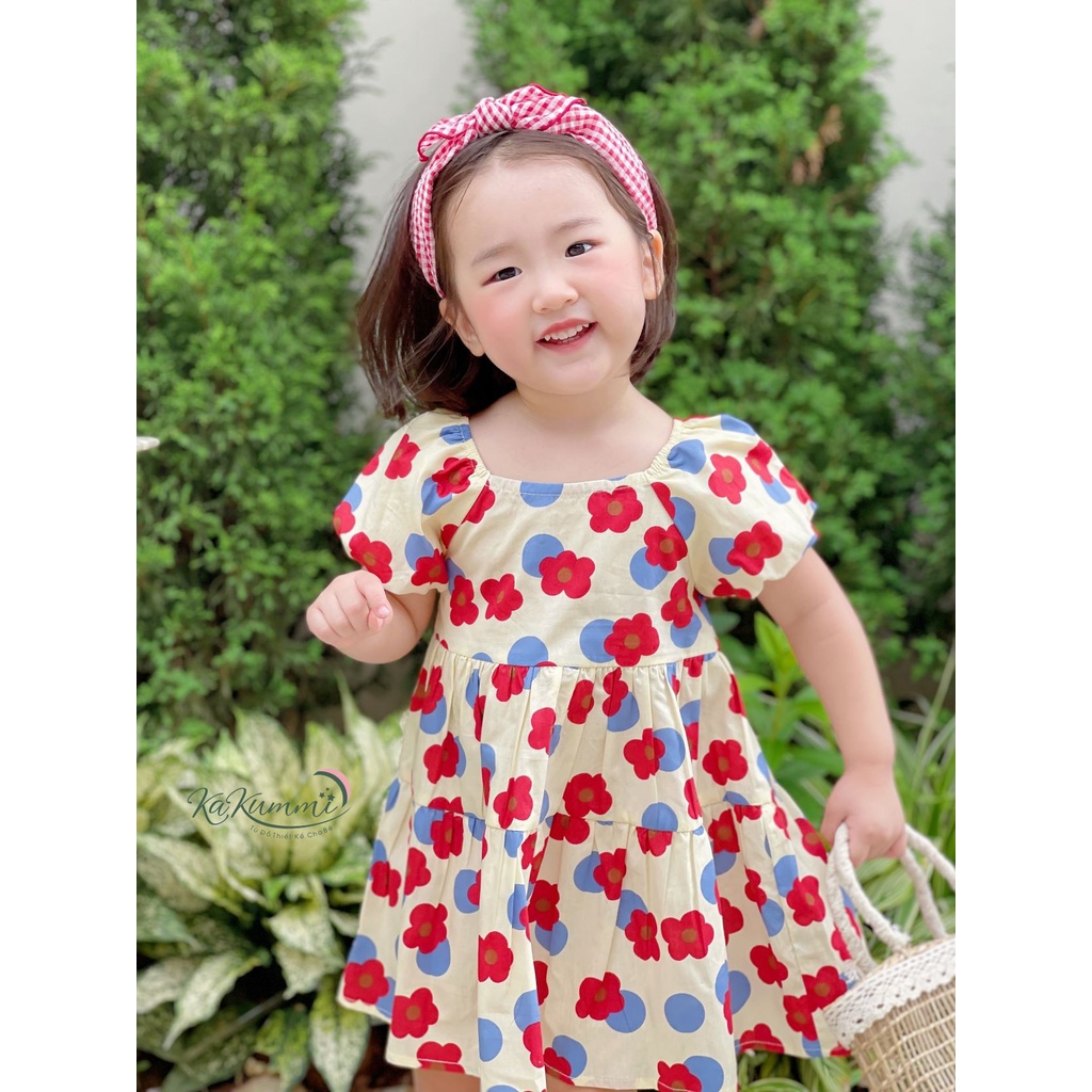 Váy babydoll chun vai chât liệu thô Hàn cho bé KM22-VA215 Kakummi