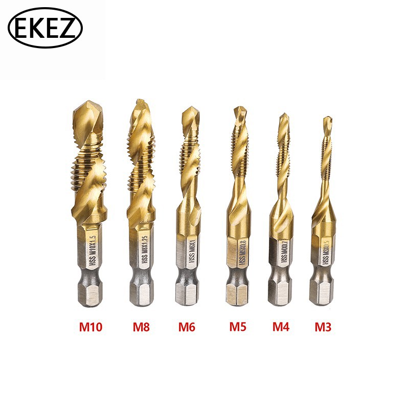 EKEZ Bộ 6 mũi khoan Taro M3-M10 thép HSS 4341 phủ Titanium dùng để tạo ren inox/ lỗ bắt vít M3 M4 M5 M6 M8 M10