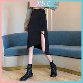 【X&L】 Váy có kích thước lớn   có dây buộc   xẻ tà hai bên   cạp cao và ôm sát   Chân váy dài   chân váy