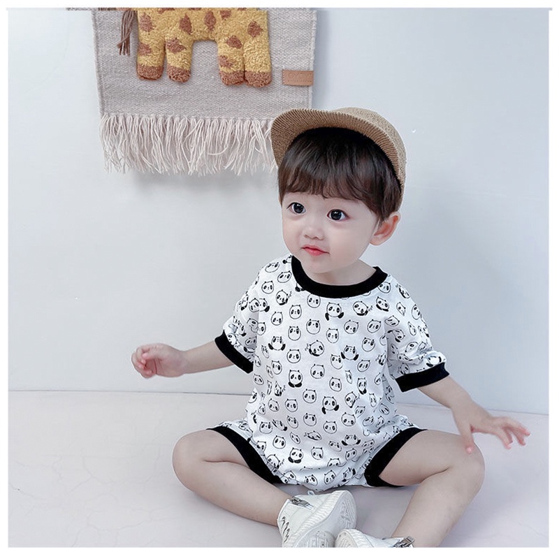 Áo Liền Quần Ngắn Tay In Hình Gấu Trúc Toàn Bộ Cho Bé