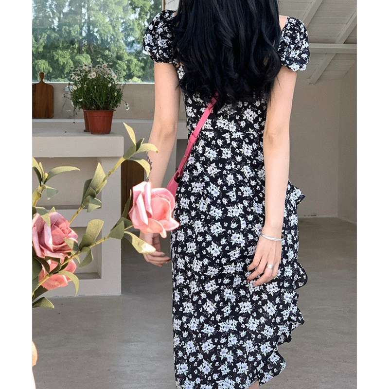 Đầm midi Tay Ngắn Hoạ Tiết Hoa Thiết Kế Xẻ Hợp Thời Trang