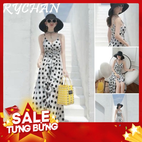 -Hàn nhập khẩu Đầm Xòe Maxi Hai Dây Chấm Bi Rút Ngực Phối Bèo - DM014 Liên hệ mua hàng 084.209.1989