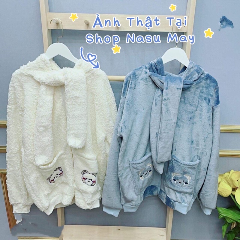 Áo Khoác Hoodie Lông Gấu Nữ Túi Mũ Khăn Xanh Trắng Dáng Rộng