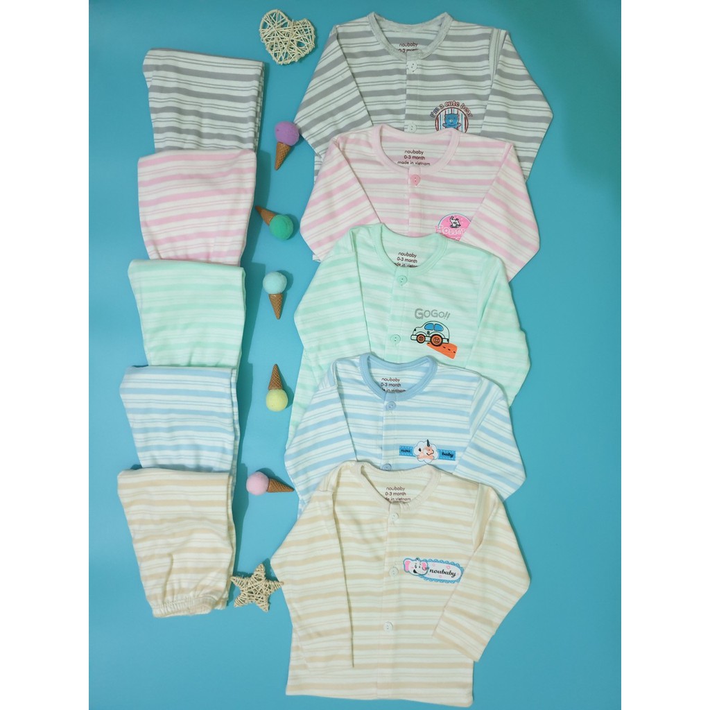 Bộ dài tay nỉ cotton kẻ Noubaby cao cấp cho bé trai và bé gái