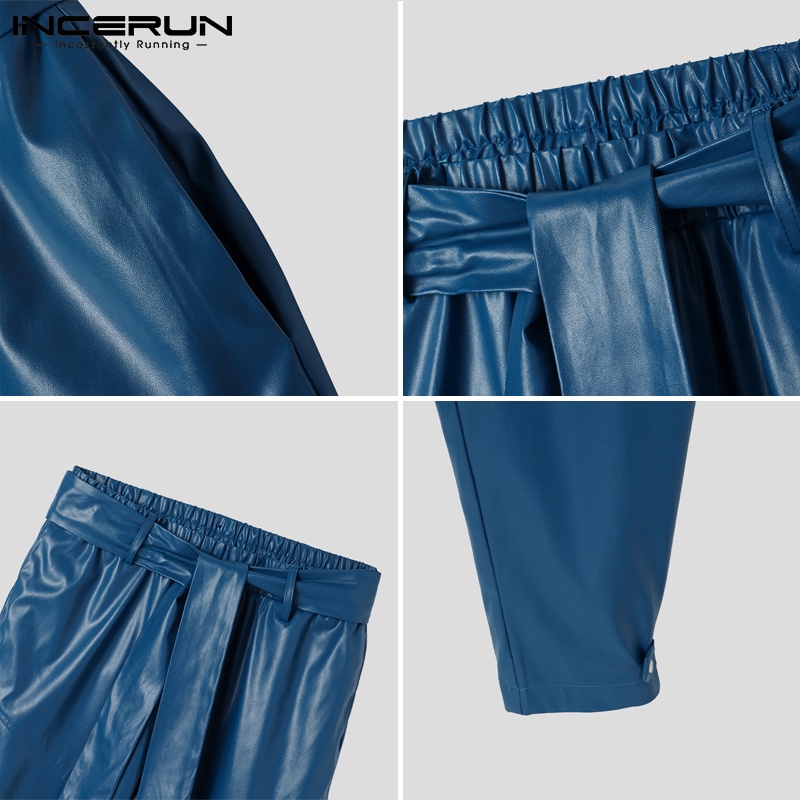 Quần da INCERUN dáng dài lưng thun thắt cột dây 2 màu đơn giản tùy chọn cho nam