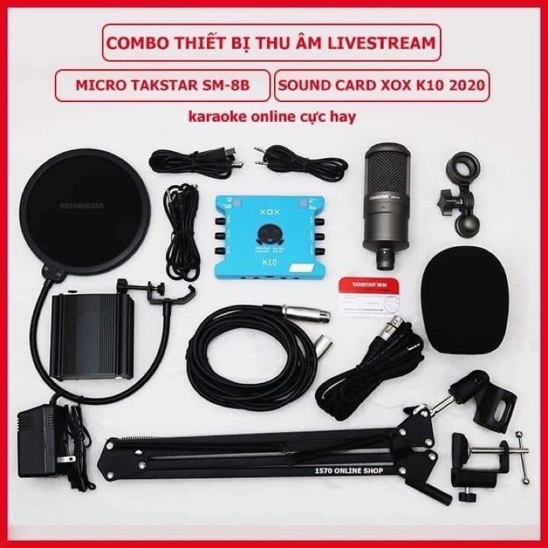 Combo Bộ Mic Hát Thu Âm Livestream FB-Bigo-Bán Hàng TAKSTAR SM8b + Card xox k10 2020 Nguồn 48v 2 dây mic