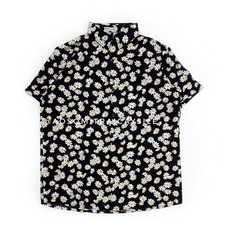 Áo sơ mi Hawaii Nam Nữ Hoa Cúc Nhí trắng/đen fullsize 45-85kg