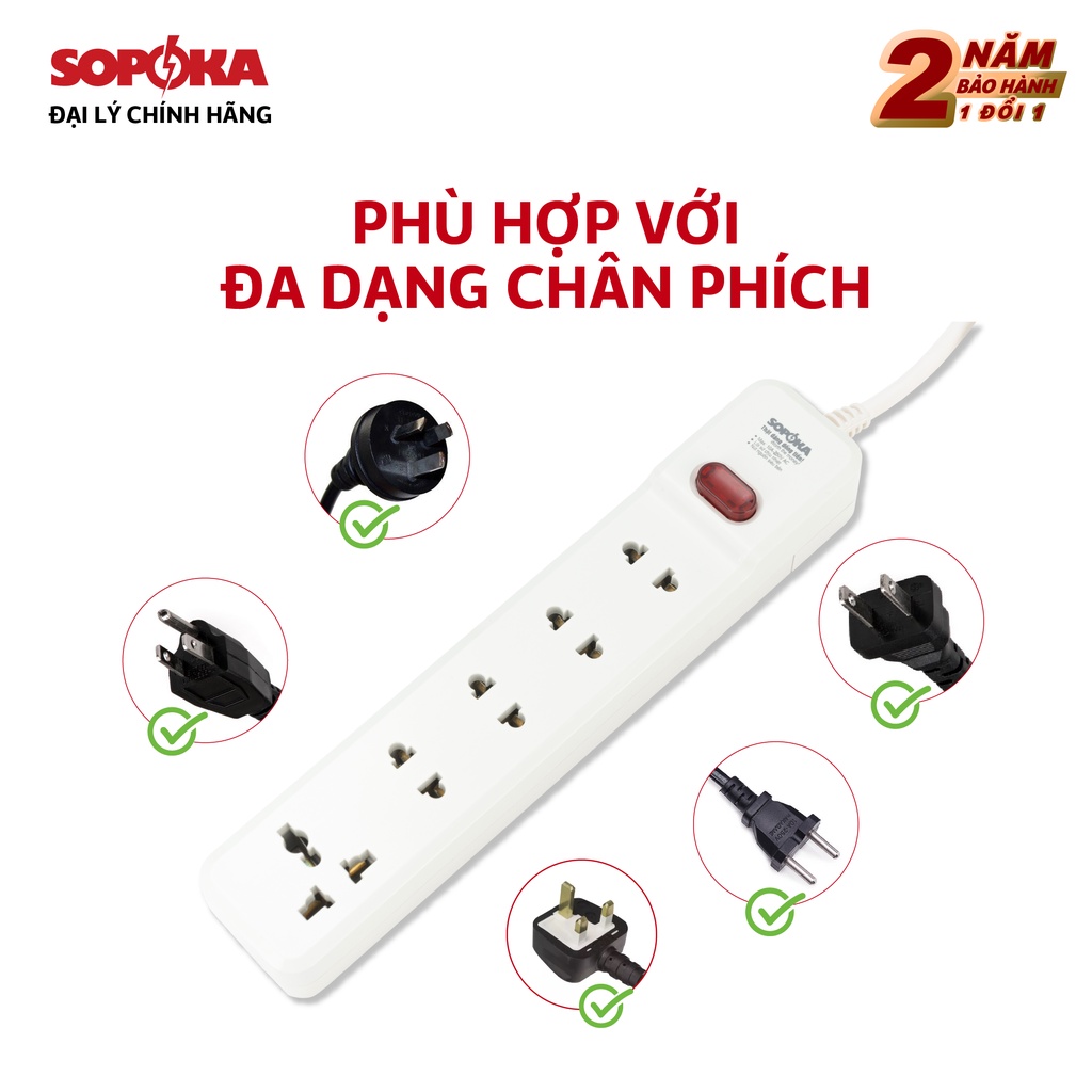 Ổ cắm điện đa năng liền dây Sopoka chịu tải 1200W 3M1 6M1 chống va đập, chịu nhiệt, có công tắc an toàn